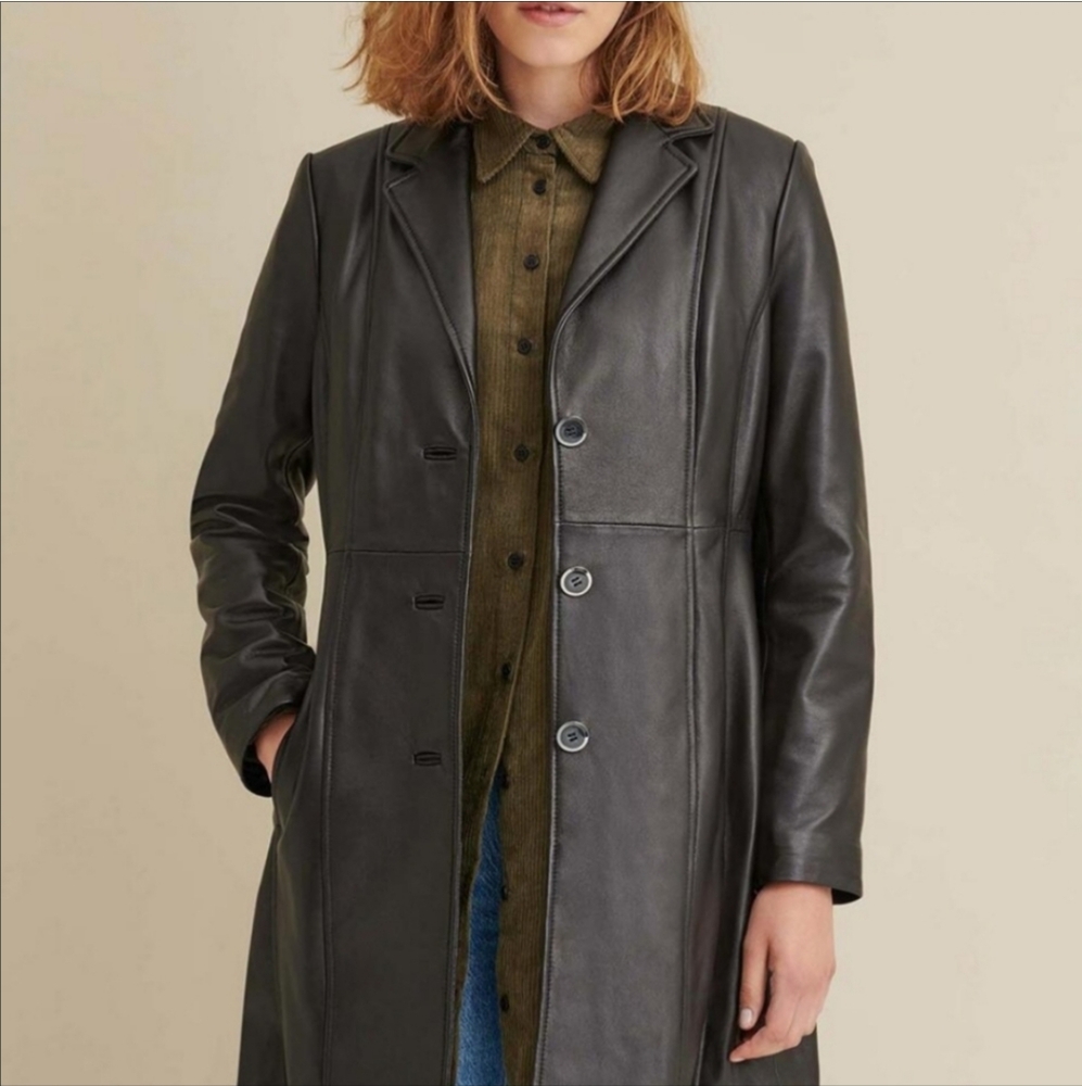 Vintage Black Leather Jacket Long Womens